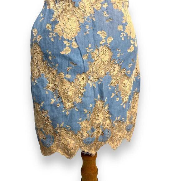 Storia Dress Womens Small Blue Beige Floral Lace Sheer Mini Mesh Chevron - Picture 5 of 8